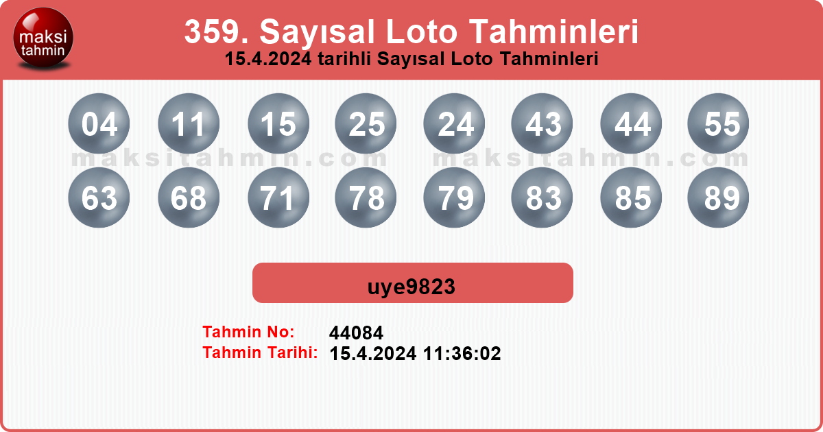 Sayısal Loto 359 nolu 15.4.2024 tarihli Üye Tahmini