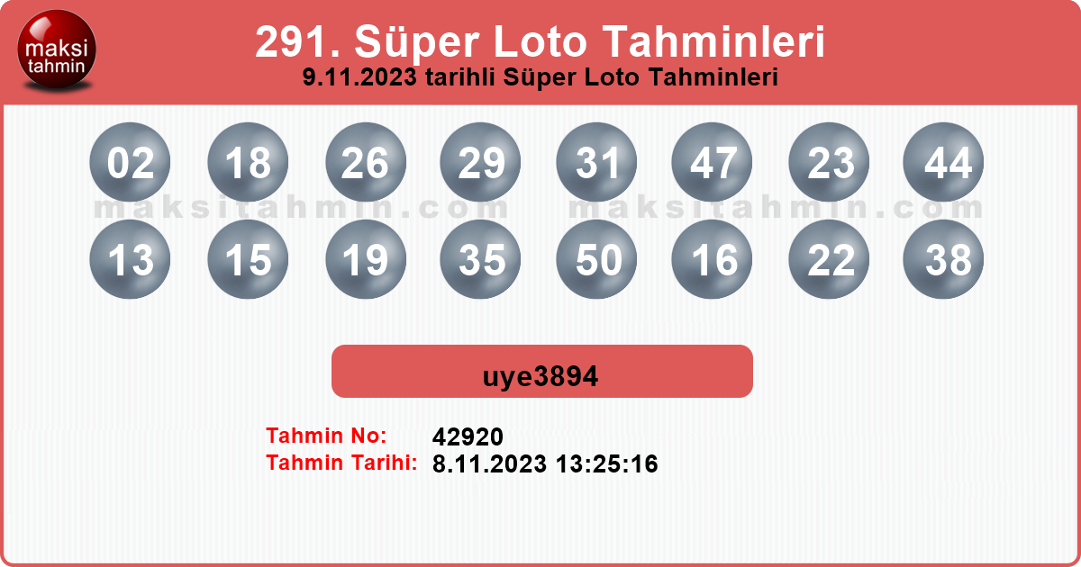 Süper Loto 291 nolu 9.11.2023 tarihli Üye Tahmini